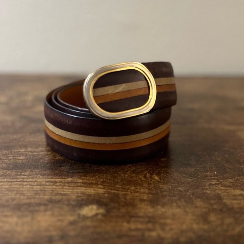 A. Testoni Soft Leather Belt Men Stripe Classic Gold Buckle Designer Italy Brown